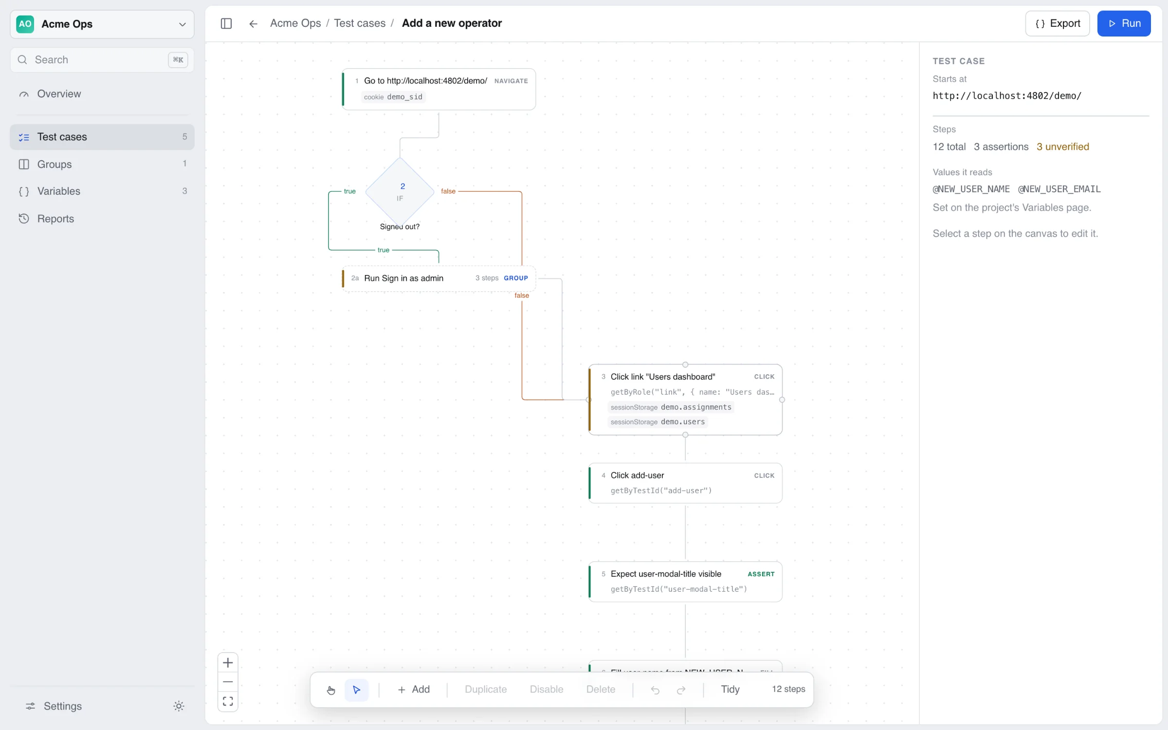 Visual test editor with branches and loops